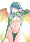  1girl blue_hair breasts cleavage feathered_wings green_eyes groin highres horns long_sleeves looking_at_viewer medium_hair navel original simple_background solo standing tail tora_army white_background wings 