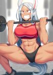  1girl :d abs absurdres animal_ears barbell bare_shoulders black_footwear boku_no_hero_academia breasts cameltoe dark-skinned_female dark_skin exercise harurukan highres holding large_breasts long_eyelashes long_hair mirko muscular muscular_female navel parted_bangs rabbit_ears rabbit_girl red_eyes red_sports_bra smile solo sports_bra spread_legs squatting stomach teeth thick_thighs thighs v-shaped_eyebrows very_long_hair white_hair 