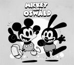  1930s_(style) 2boys clenched_hand disney english_commentary english_text greyscale highres mickey_mouse monochrome mouse mouse_tail multiple_boys open_hand oswald_the_lucky_rabbit pointing pointing_up rabbit rariatto_(ganguri) shoes shorts tail toon_(style) twitter_username 