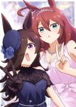  2girls :d :o ahoge animal_ears artist_name black_gloves blue_eyes blue_flower blue_headwear blue_rose brown_hair clothing_cutout commentary dress ear_ornament flower formal gloves grey_hairband hair_over_one_eye hairband hat hat_flower horse_ears horse_girl horse_tail jewelry kimukimu leaning_to_the_side long_hair looking_at_viewer mihono_bourbon_(umamusume) multiple_girls necklace open_mouth pink_dress purple_eyes rice_shower_(umamusume) rose short_sleeves shoulder_cutout signature sleeveless sleeveless_dress smile tail textless_version umamusume v 