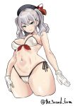  1girl absurdres bikini blue_eyes breasts cropped_legs front-tie_bikini_top front-tie_top gloves grey_hair highres kantai_collection kashima_(kancolle) medium_breasts navel one-hour_drawing_challenge side-tie_bikini_bottom simple_background solo swimsuit the_second_form twintails twitter_username wavy_hair white_background white_bikini white_gloves 