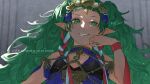  1girl 91007 artist_name bangs bare_shoulders blue_dress blunt_bangs blurry blurry_background braid breasts breasts_apart commentary dress eyelashes fire_emblem fire_emblem:_three_houses from_below green_eyes green_hair grin hand_on_own_cheek hand_on_own_face head_rest headpiece highres light_particles long_hair looking_at_viewer pointy_ears red_ribbon ribbon ribbon_braid shiny shiny_hair side_braid sidelighting small_breasts smile solo sothis_(fire_emblem) tiara twin_braids twitter_username upper_body 