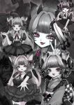  1girl :3 animal_ears annotated blunt_bangs bow brooch cat_ears cat_girl cat_tail dress fang fangs fingernails frills greyscale hair_bow hair_intakes hair_ornament hand_up highres horns japanese_clothes jewelry kimono lolita_fashion long_fingernails long_hair looking_at_viewer mary_janes mole mole_under_mouth monochrome multiple_rings multiple_views nail_polish neck_ribbon open_mouth original puffy_short_sleeves puffy_sleeves purple_eyes reaching reaching_towards_viewer ribbon ring shiona_(siona0625) shoes short_dress short_hair short_sleeves sitting spot_color standing tail tombstone v very_long_hair wa_lolita wing_ornament x_hair_ornament 
