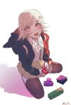  1girl artist_name black_jacket black_shirt blush brown_skirt d: danganronpa_(series) danganronpa_2:_goodbye_despair dress_shirt flipped_hair from_above highres hood hood_down hooded_jacket jacket looking_up medium_hair miniskirt nanami_chiaki neck_ribbon open_clothes open_jacket pink_eyes pink_ribbon ribbon shirt sitting skirt solo spaceship_hair_ornament teeth tetris upper_teeth_only white_shirt yeonju 