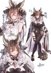  1girl 218 animal_ears bangs breasts brown_hair closed_eyes detached_sleeves frills galleon_(granblue_fantasy) gloves granblue_fantasy hair_between_eyes horns interlocked_fingers large_breasts long_hair multiple_views own_hands_together parted_lips pointy_ears very_long_hair white_gloves 