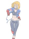  1girl abs blonde_hair blue_eyes boots cammy_white choker combat_boots d_sugama gloves highres jacket navel pants scar scar_on_cheek scar_on_face short_hair sports_bra street_fighter street_fighter_6 