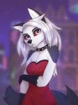 2024 anthro blurred_background canid canid_demon clothed clothing collar demon digital_media_(artwork) dress female fur gloves hair handwear hellhound helluva_boss hi_res letterbox looking_at_viewer loona_(helluva_boss) mammal red_sclera solo spiked_collar spikes white_body white_fur white_hair yshanii