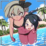  1boy 1girl abs ahoge allister_(pokemon) bea_(pokemon) beach bikini black_bikini black_hair black_hairband blush bow_hairband carrying carrying_person carrying_under_arm dark-skinned_female dark_skin grey_eyes grey_hair hairband kingbawoon male_swimwear ocean palm_tree pokemon pokemon_swsh purple_eyes short_hair swim_trunks swimsuit tearing_up tree wading 