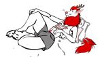 2022 anthro bottomwear bulge clothing dragon eastern_dragon fur furred_dragon horn lying male on_back pillow red_(reddd) shirt shorts solo tank_top the_(artist) topwear