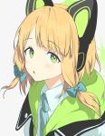  1girl akinashi_yuu bangs blonde_hair blue_archive blue_necktie blush cat_ear_headphones collared_shirt green_eyes grey_background headphones hood hooded_jacket jacket looking_at_viewer medium_hair midori_(blue_archive) necktie open_mouth portrait shirt simple_background solo white_shirt 