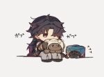  1boy :&lt; animal_on_lap bandaged_arm bandaged_leg bandaged_tail bandages bandages_over_clothes black_cat black_coat black_footwear black_gloves black_hair blade_(honkai:_star_rail) blade_(sesame_cake)_(honkai:_star_rail) cat chibi coat commentary critter_pick_(honkai:_star_rail) crossed_bandaids dan_heng_(rice_dumpling)_(honkai:_star_rail) earrings eating full_body gloves grey_cat grey_pants hair_over_one_eye honkai:_star_rail honkai_(series) ii8hw jewelry on_lap one_eye_covered pants parted_bangs shoes simple_background sitting solo stud_earrings tearing_up translation_request trembling white_background 