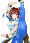  1girl blue_dress blue_eyes blue_pants blue_ribbon blue_sleeves bracelet brown_hair bun_cover china_dress chinese_clothes chun-li chun-li_(cosplay) cosplay diamond_hair_ornament double_bun dress fighting_stance hair_bun hair_ornament hair_ribbon highres hololive jewelry kneepits long_hair looking_at_viewer madcolorngr pants pelvic_curtain pink_nails red_ribbon ribbon short_hair shrug_(clothing) smile solo split standing standing_on_one_leg standing_split star_(symbol) star_hair_ornament street_fighter street_fighter_6 thick_thighs thighs tokino_sora virtual_youtuber 