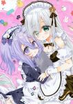  2girls alternate_costume azur_lane blue_eyes blush breasts enmaided flasher_(azur_lane) grey_hair hair_between_eyes hair_ornament hug janus_(azur_lane) long_hair looking_at_viewer maid maid_headdress marker_(medium) multiple_girls open_mouth purple_eyes purple_hair ribbon simple_background small_breasts stuffed_animal stuffed_toy tears traditional_media twitter_username zenra1112 