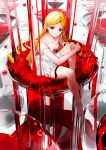 1girl ambiguous_red_liquid bare_legs bare_shoulders barefoot black_ribbon blonde_hair brown_eyes champagne_tower collarbone commentary_request cross-laced_clothes cross-laced_dress cup dress drinking_glass eyelashes frown highres kiss-shot_acerola-orion_heart-under-blade kizumonogatari long_hair looking_at_viewer mini_person monogatari_(series) nekoyama_iori off_shoulder official_art oshino_shinobu parted_bangs ribbon second-party_source water_drop white_dress wine_glass wrist_ribbon 