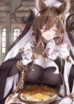  1girl 218 animal_ears bangs breasts brown_hair closed_eyes detached_sleeves feeding frills galleon_(granblue_fantasy) gloves granblue_fantasy hair_between_eyes horns incoming_food large_breasts long_hair pointy_ears very_long_hair white_gloves 