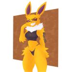 absurd_res blush eeveelution female fur generation_1_pokemon hi_res humanoid irgramfox jolteon mammal nintendo open_mouth pokemon pokemon_(species) simple_background solo yellow_body yellow_fur