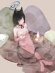  1girl :3 animal_ears bakeneko bathing black_choker black_eyes black_hair black_nails blue_archive bottle breasts breasts_apart bright_pupils cat_ears cat_tail choker choko_(cup) closed_mouth collarbone commentary_request completely_nude crossed_legs cup from_above full_body halo highres kikyou_(blue_archive) kuroneko_(kuroneko3zizi) looking_at_viewer medium_breasts multiple_tails nail_polish narrowed_eyes navel nipples nude onsen partially_submerged sake_bottle short_hair sitting smile stomach tail toenail_polish toenails twitter_username two_tails white_pupils 