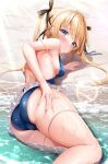  1girl :t absurdres arm_support ass azur_lane backless_swimsuit beach black_ribbon blonde_hair blue_eyes blue_one-piece_swimsuit blush breasts closed_mouth day dead_or_alive from_behind hair_ornament hair_ribbon hand_on_own_ass highres kokuto_(kurousagi1210) lens_flare long_hair looking_at_viewer looking_back lying marie_rose marie_rose_(devilish_servant_against_the_splashing_waves) medium_breasts one-piece_swimsuit outdoors pout ribbon sand sideboob solo sunlight swimsuit twintails water wet x_hair_ornament 