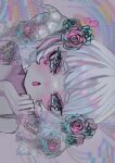  1girl abstract_background aqua_eyes aqua_rose chestnut_mouth curled_horns dripping flower glitch hair_flower hair_ornament hand_up highres horizontal_pupils horns open_mouth original pink_flower pink_rose portrait rose sheep_horns shiona_(siona0625) short_hair sideways solo white_hair 