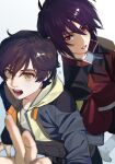  2boys arm_up artist_logo banagher_links blurry blurry_foreground brown_hair commentary_request cowlick foreshortening from_above grey_shirt gundam gundam_seed gundam_seed_destiny gundam_unicorn hair_between_eyes hand_in_pocket highres hood hoodie in-franchise_crossover jacket long_sleeves looking_at_viewer looking_up male_focus military_jacket multicolored_clothes multicolored_hoodie multiple_boys open_mouth parted_lips purple_hair red_eyes red_jacket shinn_asuka shirt short_hair simple_background teeth upper_body ususio_11 v-shaped_eyebrows white_background yellow_eyes 