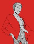  1boy arm_at_side arsene_lupin_iii belt blending collared_shirt greyscale_with_colored_background grin halorane hand_in_pocket long_sideburns looking_ahead lupin_iii male_focus necktie pants shirt short_hair sideburns sketch smile solo unfinished 