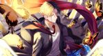  1boy black_coat black_hair blonde_hair bug butterfly closed_mouth coat collared_shirt highres holding holding_weapon light mashle multicolored_hair necktie rayne_ames red_necktie shadow shirt sogen_ichi_wa solo sword two-tone_hair weapon white_shirt yellow_eyes 