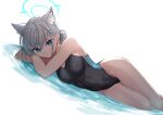 1girl animal_ear_fluff animal_ears arms_behind_head arms_up bangs black_swimsuit blue_archive blue_eyes closed_mouth commentary_request dutch_angle eyebrows_behind_hair feet_out_of_frame grey_hair hair_between_eyes hair_ornament halo highres looking_at_viewer low_ponytail lying nanana_narang on_side one-piece_swimsuit ponytail shallow_water shiroko_(blue_archive) shiroko_(swimsuit)_(blue_archive) solo swimsuit water white_background 