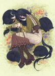  1girl absurdres ahoge animal_ears black_cat black_eyeliner black_hair boots braid cat commentary ear_covers ear_ornament ear_ribbon eyeliner girdle green_kimono highres horse_ears horse_girl horse_tail japanese_clothes kimono long_bangs long_hair long_sleeves makeup manhattan_cafe_(umamusume) manhattan_cafe_(verdant_night)_(umamusume) multiple_cats official_alternate_costume on_grass shironism single_braid single_ear_cover sleeves_past_wrists solo tail umamusume yellow_eyes 