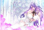  1girl bare_shoulders breasts bridal_gauntlets bridal_veil camilla_(fire_emblem) cleavage closed_mouth commission dress fire_emblem fire_emblem_fates garter_straps gem gotou_fundoshi hair_over_one_eye highres large_breasts long_hair purple_eyes purple_gemstone purple_hair purple_petals see-through see-through_cleavage skeb_commission smile solo stained_glass thighhighs veil white_bridal_gauntlets white_dress white_garter_straps white_thighhighs 