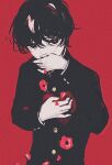  1boy coughing_flowers covered_mouth covering_own_mouth flower gakuran hand_on_own_chest hand_on_own_face hands_up highres long_sleeves looking_at_viewer male_focus monochrome original petals red_theme roundbee school_uniform short_hair simple_background solo tears upper_body 