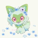  :d blue_flower commentary_request fangs flower happy highres koso2023 looking_at_viewer no_humans open_mouth pink_eyes pokemon pokemon_(creature) sitting smile solo sprigatito white_background 