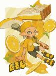  1boy artist_name black_shorts blonde_hair border closed_mouth commentary_request food fruit grey_eyes hiking_sandals holding holding_weapon inkling_boy inkling_player_character leaf lemon lemon_cake lemon_slice outside_border painbrush_(splatoon) pointy_ears print_shirt sandals shirt short_hair shorts sitting smile socks solo splatoon_(series) splatoon_3 tentacle_hair totocosakana twitter_username weapon white_border yellow_background yellow_shirt yellow_socks 