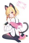  1girl absurdres animal_ear_headphones animal_ears black_thighhighs blonde_hair blue_archive blush cat_tail exusiai_dust fake_animal_ears halo handheld_game_console headphones highres holding holding_handheld_game_console jacket long_sleeves looking_at_viewer momoi_(blue_archive) open_mouth pink_halo playing_games red_eyes shirt short_hair simple_background smile soles solo tail thighhighs toes white_background white_jacket white_shirt 