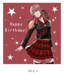  1girl :3 akademeia_uniform black_thighhighs braid brown_hair cinque_(fft-0) drill_hair final_fantasy final_fantasy_type-0 green_eyes happy_birthday highres jacket long_hair nnnmmg0725 plaid plaid_skirt red_background school_uniform skirt smile star_(symbol) thighhighs 