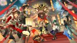  2girls 3boys absurdres architecture black_hair blue_hair brown_hair detached_sleeves dress east_asian_architecture facial_mark fireworks food forehead_mark fur_trim gaming_(genshin_impact) ganyu_(genshin_impact) ganyu_(twilight_blossom)_(genshin_impact) genshin_impact gloves guaisen hair_ornament highres holding holding_food horns hu_tao_(genshin_impact) lantern long_hair looking_at_viewer man_chai_(genshin_impact) multiple_boys multiple_girls night open_mouth outdoors parted_lips sidelocks sitting standing tassel twintails very_long_hair vision_(genshin_impact) xiao_(genshin_impact) zhongli_(genshin_impact) 