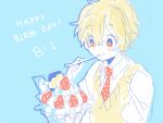  1boy bad_drawr_id bad_id blonde_hair blue_background character_request closed_mouth collared_shirt copyright_request dated food fruit happy_birthday holding holding_spoon light_blush male_focus necktie oekaki panko parfait polka_dot_necktie puffy_sleeves red_eyes red_necktie shirt short_hair simple_background smile solo spoon strawberry sweater_vest utensil_in_mouth whipped_cream white_shirt yellow_sweater_vest 