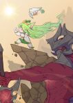  1boy 1girl aatrox abs absurdres artist_name biceps blush coat creature crown day demon demon_boy demon_horns flexing flying gloves glowing glowing_eyes green_eyes green_hair highres horns hyuko_wong league_of_legends long_hair looking_to_the_side lulu_(league_of_legends) miniskirt muscular muscular_male outdoors pointy_ears pose red_eyes red_nails rock shoes signature skirt smile star_guardian_(league_of_legends) star_guardian_lulu sun sunlight sword thick_arms topless_male weapon 