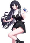  1girl black_dress black_footwear black_hair boku_no_kokoro_no_yabai_yatsu boots bottle breasts brown_eyes commentary_request dress floating_hair hand_up highres holding holding_bottle large_breasts long_hair looking_at_viewer ririko_(zhuoyandesailaer) shirt short_sleeves simple_background sleeveless sleeveless_dress smile solo standing standing_on_one_leg v very_long_hair white_background white_shirt yamada_anna 