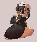  1girl ass ass_focus back black_hair black_nails blonde_hair blue_eyes borrowed_character close-up from_behind gift_art glasses hair_bun hat highres long_hair looking_at_viewer looking_back miroslava_vasilyeva_(shuuko) multicolored_hair nyantcha open_mouth original pokemon semi-rimless_eyewear simple_background sitting smile v white_headwear 