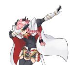  1boy absurdres armored_skirt astolfo_(fate) black_bow black_thighhighs bow braid cape dab_(dance) fang fate/apocrypha fate/grand_order fate_(series) fatmanass fur-trimmed_cape fur_trim garter_straps gauntlets hair_bow hair_intakes highres long_hair male_focus multicolored_hair otoko_no_ko pink_hair sheath sheathed skin_fang solo streaked_hair sword thighhighs transparent_background weapon white_cape white_hair 