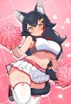  1girl animal_ear_fluff animal_ears black_hair blush breasts brown_eyes cheerleader commentary_request hair_ornament highres hololive kani_bonara large_breasts long_hair looking_at_viewer microskirt multicolored_hair navel ookami_mio paw_print pink_background pleated_skirt pom_pom_(cheerleading) red_hair skirt smile solo standing standing_on_one_leg stomach streaked_hair tail tail_around_own_leg thighhighs underboob virtual_youtuber white_thighhighs wolf_ears wolf_girl wolf_tail zettai_ryouiki 