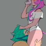  1boy 1girl animal_ears bird_girl bird_tail blush bottomless closed_eyes cunnilingus double_daggers drinking from_side green_hair highres league_of_legends long_hair multicolored_hair oral pink_hair rakan_(league_of_legends) shirt short_sleeves simple_background tail two-tone_hair white_shirt xayah 