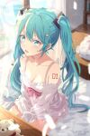  1girl absurdres arm_tattoo artist_name asami-chan bear_hair_ornament blue_eyes blue_hair blurry blurry_background bow breasts cleavage collarbone crying dress feathers hair_between_eyes hair_ornament hatsune_miku highres indoors long_hair medium_breasts number_tattoo open_mouth red_bow short_dress solo stuffed_animal stuffed_toy tattoo tears teddy_bear twintails very_long_hair vocaloid watermark white_dress white_feathers 