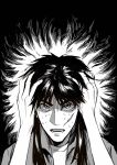  1boy gloom_(expression) greyscale hands_on_own_head highres itou_kaiji kaiji long_hair looking_at_viewer lower_teeth_only male_focus medium_bangs monochrome open_mouth scar scar_on_cheek scar_on_face scar_on_hand sidelocks solo sweat teeth upper_body zhaiju2 