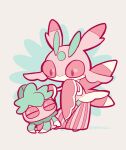  animal_focus closed_eyes colored_sclera evolutionary_line fomantis full_body grey_background kotorai looking_at_another lurantis no_humans no_mouth pink_sclera pokemon pokemon_(creature) signature standing 