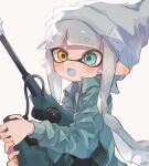  1girl :o aqua_eyes beanie commentary green_jacket grey_hair grey_headwear gun hat heterochromia highres holding holding_gun holding_weapon inkling_girl inkling_player_character jacket jet_squelcher_(splatoon) long_hair open_mouth pointy_ears simple_background solo splatoon_(series) splatoon_2 teeth tentacle_hair upper_teeth_only weapon white_background yellow_eyes yksb_inc6 