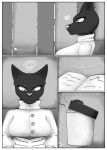 absurd_res anthro beverage big_breasts black_and_white black_body black_fur book breasts clothed clothing coffee coffee_cup comic comic_panel container cup female fur hi_res library monochrome rizal_ok solo