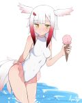  1girl absurdres adapted_costume bangs bare_legs bare_shoulders bird_girl bird_tail bird_wings blush braid commentary_request frilled_swimsuit frills hair_ornament hairclip head_wings highres ice_cream_cone japanese_crested_ibis_(kemono_friends) kemono_friends navel one-piece_swimsuit partially_submerged red_hair saya_ayasu short_hair sidelocks sleeveless solo swimsuit tail water white_hair white_swimsuit wings yellow_eyes 