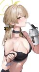  1girl absurdres alternate_costume bell black_choker black_sports_bra blonde_hair blue_archive blush breasts choker cleavage cup drinking_straw from_side hair_flaps halo hifumi_(blue_archive) highres holding holding_cup leviathan_(hikinito0902) looking_at_viewer low_twintails medium_breasts midriff navel neck_bell simple_background solo sports_bra stomach strap_slip tumbler twintails white_background wing_hair_ornament yellow_eyes yellow_halo 