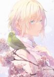  1girl animal bird blonde_hair blue_eyes blurry blurry_foreground braid branch cherry_blossoms commentary_request depth_of_field flower from_side fujiwara_mizuki hair_between_eyes hair_over_shoulder hand_up highres jacket long_hair looking_at_viewer looking_to_the_side original parted_lips petals pink_jacket single_braid solo white_flower 